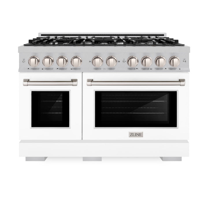 ZLINE 48 in. 6.7 cu. ft. Select Double Oven Gas Range with 8 Burner Cooktop in Satin Stainless Steel with White Matte Doors, Open Box-Excellent Condition