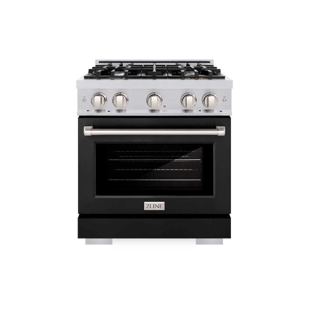 ZLINE 30 in. 4.2 cu. ft. Select Dual Fuel Range with 4 Burner Gas Cooktop and Electric Convection Oven in Stainless Steel with Black Matte Door, Open Box-Excellent Condition