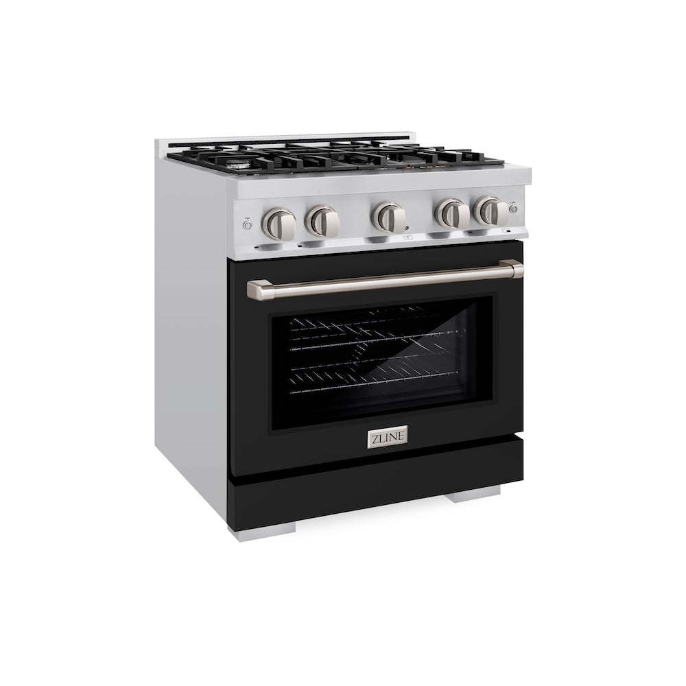 ZLINE 30 in. 4.2 cu. ft. Select Dual Fuel Range with 4 Burner Gas Cooktop and Electric Convection Oven in Stainless Steel with Black Matte Door, Open Box-Excellent Condition