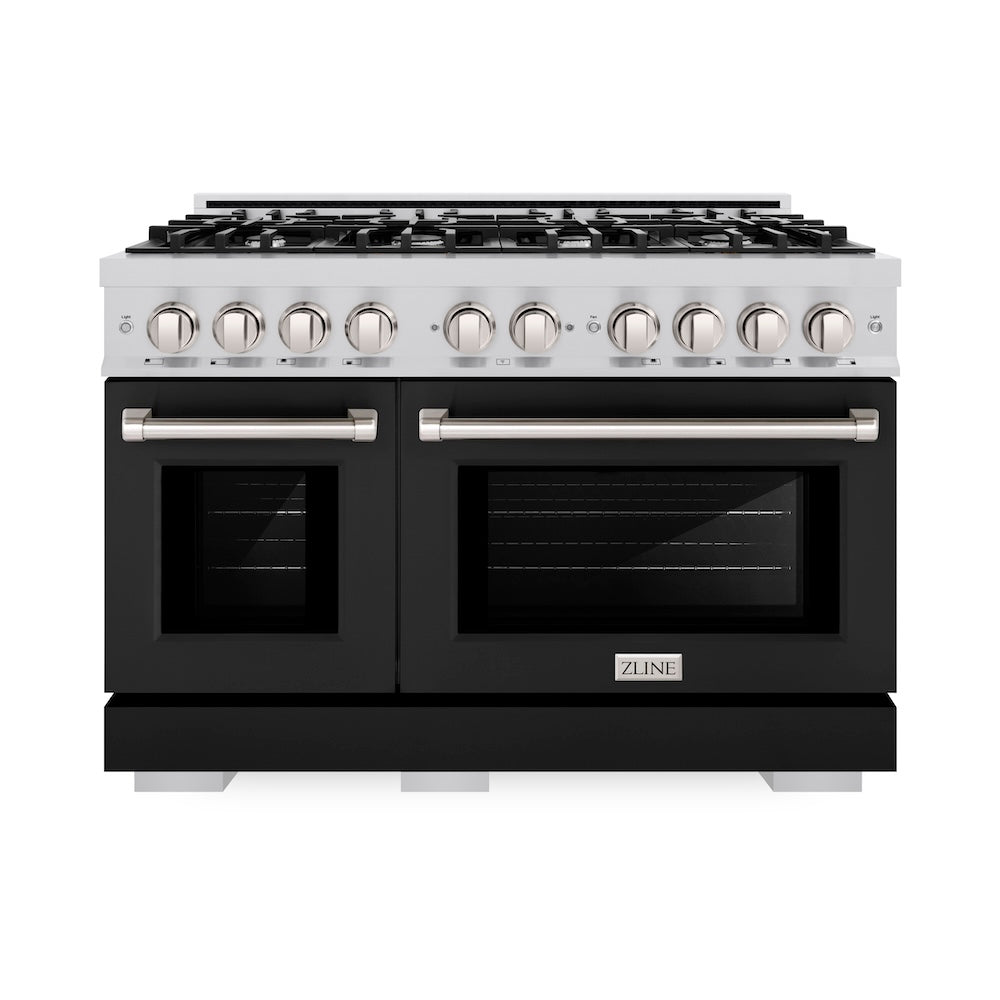 ZLINE 48 in. 6.7 cu. ft. Select Double Oven Gas Range with 8 Burner Cooktop in Stainless Steel with Black Matte Doors, Open Box-Excellent Condition