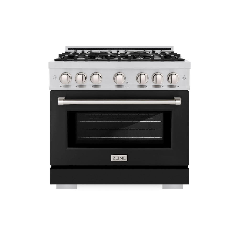 ZLINE 36 in. 5.2 cu. ft. Select Dual Fuel Range with 6 Burner Gas Cooktop and Electric Convection Oven in Stainless Steel with Black Matte Door, Open Box-Excellent Condition