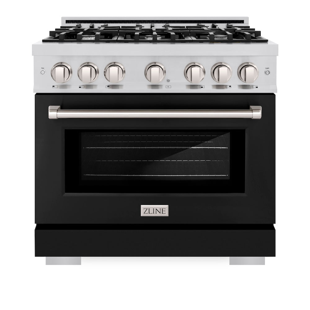 ZLINE 36 in. 5.2 cu. ft. Select Dual Fuel Range with 6 Burner Gas Cooktop and Electric Convection Oven in Stainless Steel with Black Matte Door, Open Box-Excellent Condition