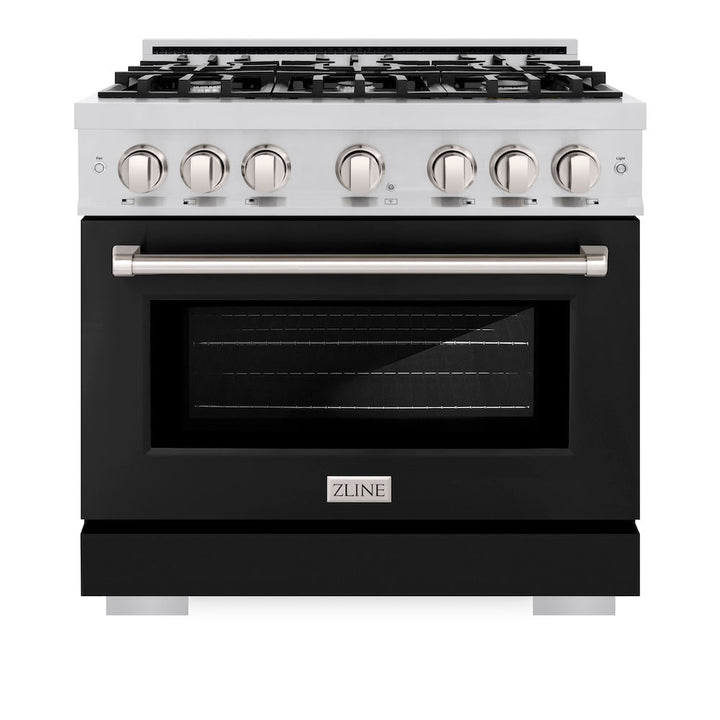 ZLINE 36 in. 5.2 cu. ft. Select Dual Fuel Range with 6 Burner Gas Cooktop and Electric Convection Oven in Stainless Steel with Black Matte Door, Open Box-Excellent Condition