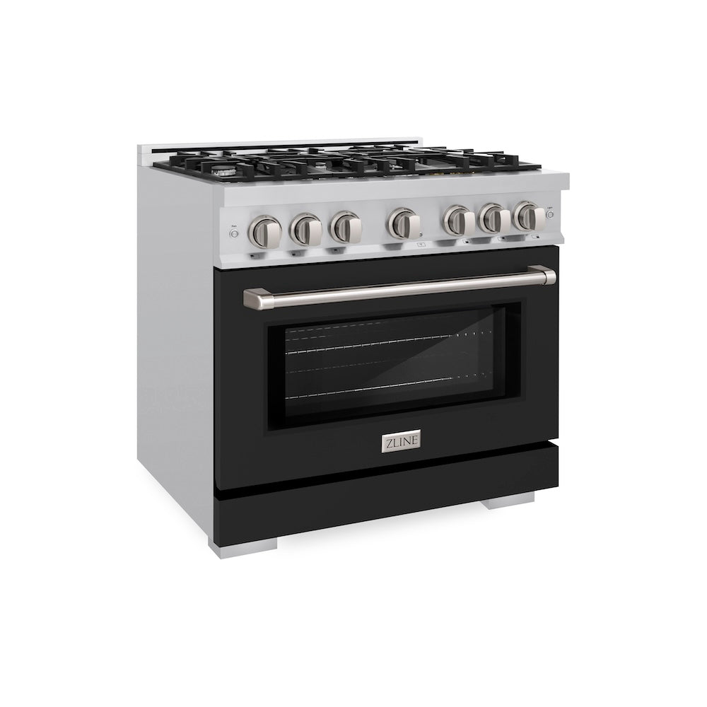 ZLINE 36 in. 5.2 cu. ft. Select Dual Fuel Range with 6 Burner Gas Cooktop and Electric Convection Oven in Stainless Steel with Black Matte Door, Open Box-Excellent Condition