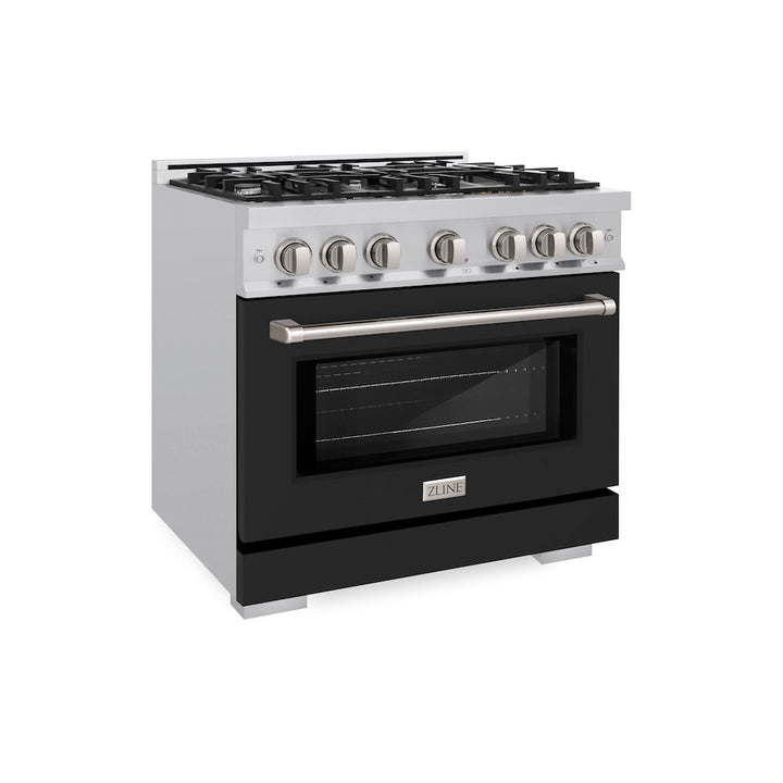ZLINE 36 in. 5.2 cu. ft. Select Dual Fuel Range with 6 Burner Gas Cooktop and Electric Convection Oven in Stainless Steel with Black Matte Door, Open Box-Excellent Condition
