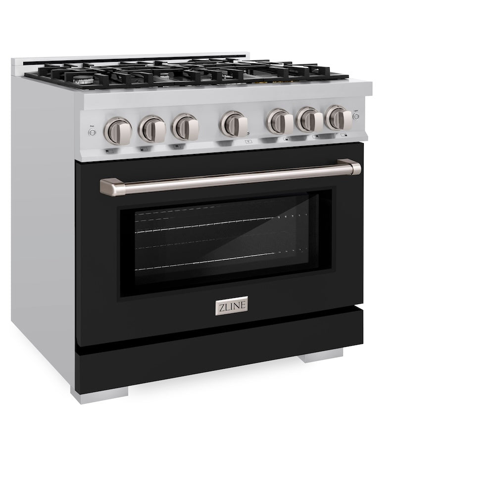 ZLINE 36 in. 5.2 cu. ft. Select Dual Fuel Range with 6 Burner Gas Cooktop and Electric Convection Oven in Stainless Steel with Black Matte Door, Open Box-Excellent Condition
