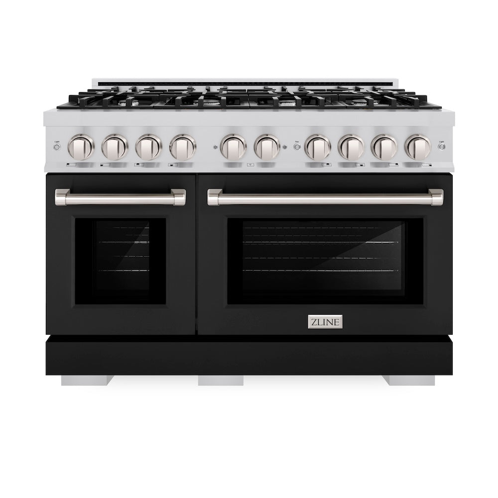 ZLINE 48 in. 6.7 cu. ft. Select Double Oven Dual Fuel Range with 8 Burner Gas Cooktop in Stainless Steel with Black Matte Doors, Open Box-Excellent Condition