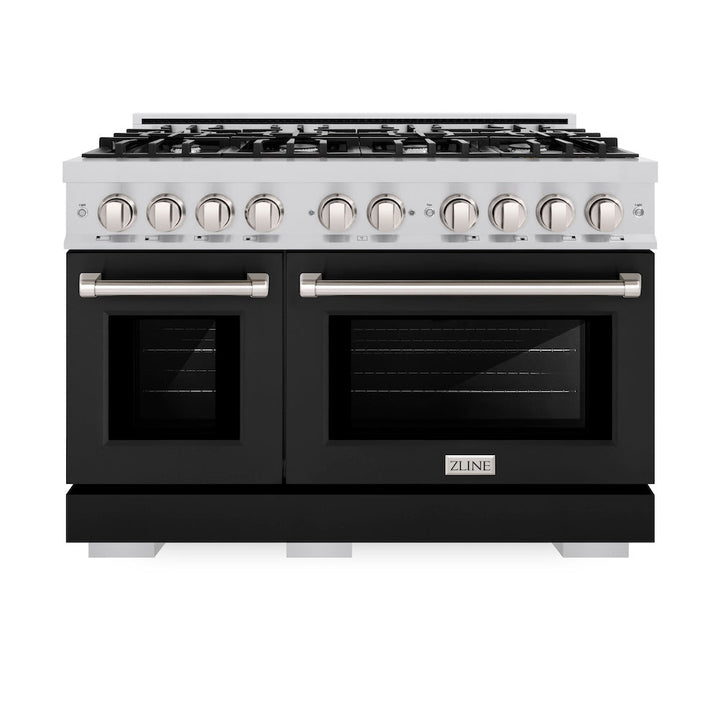 ZLINE 48 in. 6.7 cu. ft. Select Double Oven Dual Fuel Range with 8 Burner Gas Cooktop in Stainless Steel with Black Matte Doors, Open Box-Excellent Condition