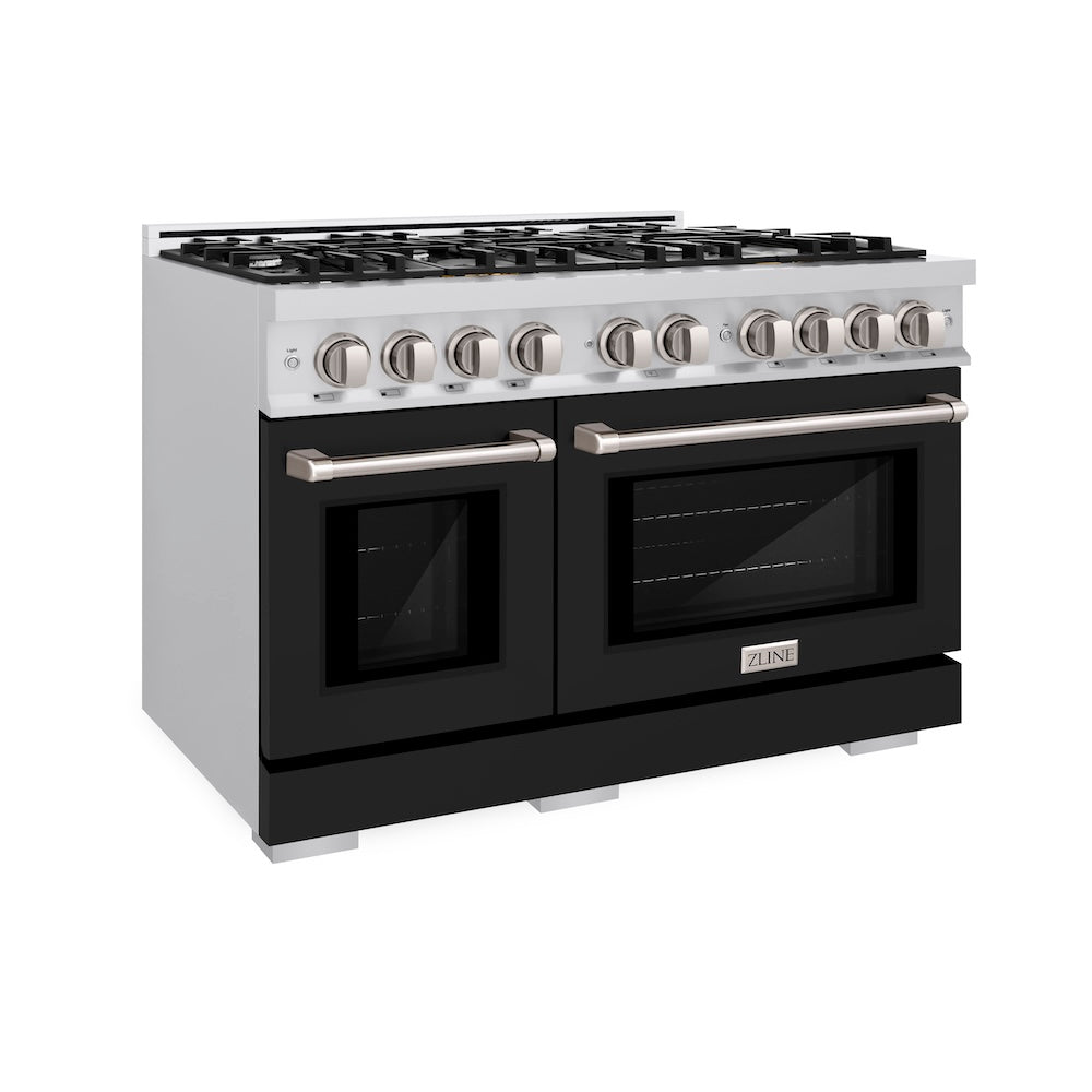 ZLINE 48 in. 6.7 cu. ft. Select Double Oven Dual Fuel Range with 8 Burner Gas Cooktop in Stainless Steel with Black Matte Doors, Open Box-Excellent Condition