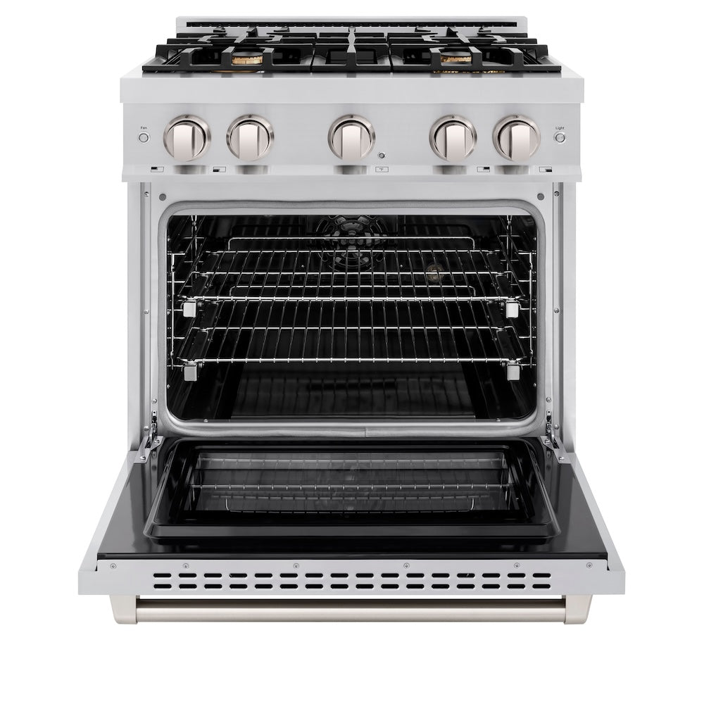ZLINE 30 in. 4.2 cu. ft. Select Dual Fuel Range with Gas Cooktop and Electric Convection Oven in Stainless Steel with 4 Brass Burners, Open Box-Excellent Condition