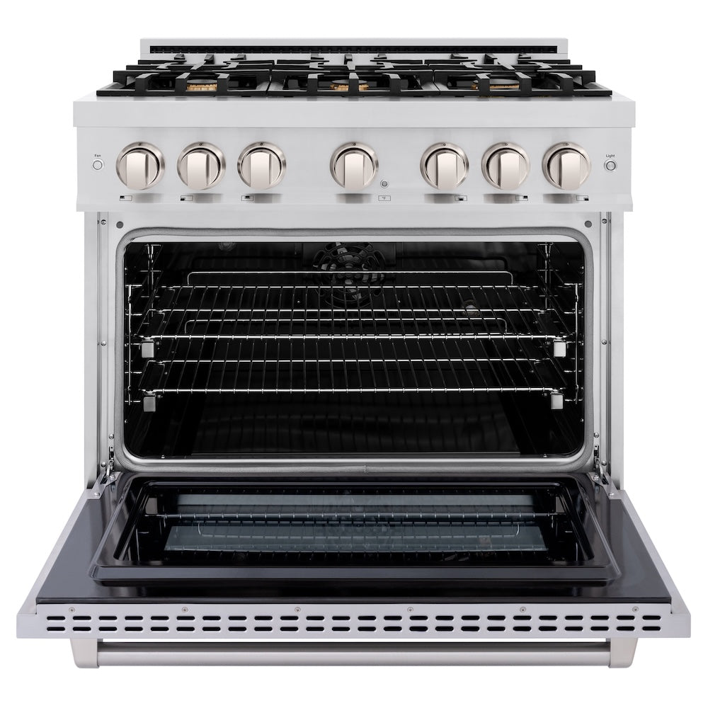ZLINE 36 in. 5.2 cu. ft. Select Dual Fuel Range with Gas Cooktop and Electric Convection Oven in Stainless Steel with 6 Brass Burners, Open Box-Excellent Condition