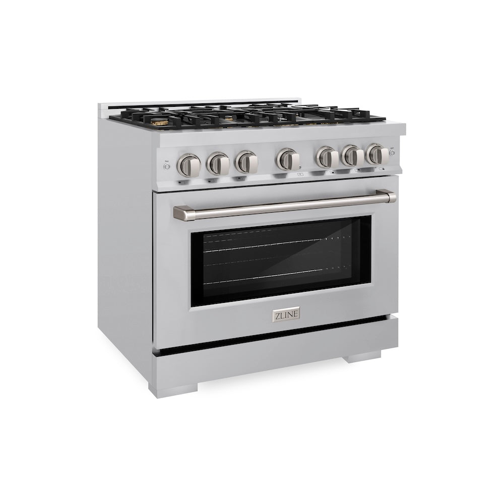 ZLINE 36 in. 5.2 cu. ft. Select Dual Fuel Range with Gas Cooktop and Electric Convection Oven in Stainless Steel with 6 Brass Burners, Open Box-Excellent Condition