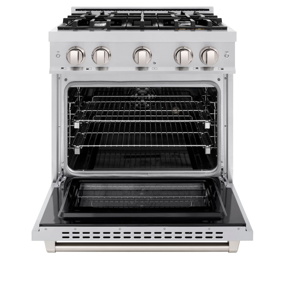 ZLINE 30 in. 4.2 cu. ft. Select Dual Fuel Range with 4 Burner Gas Cooktop and Electric Convection Oven in Stainless Steel, Open Box-Excellent Condition