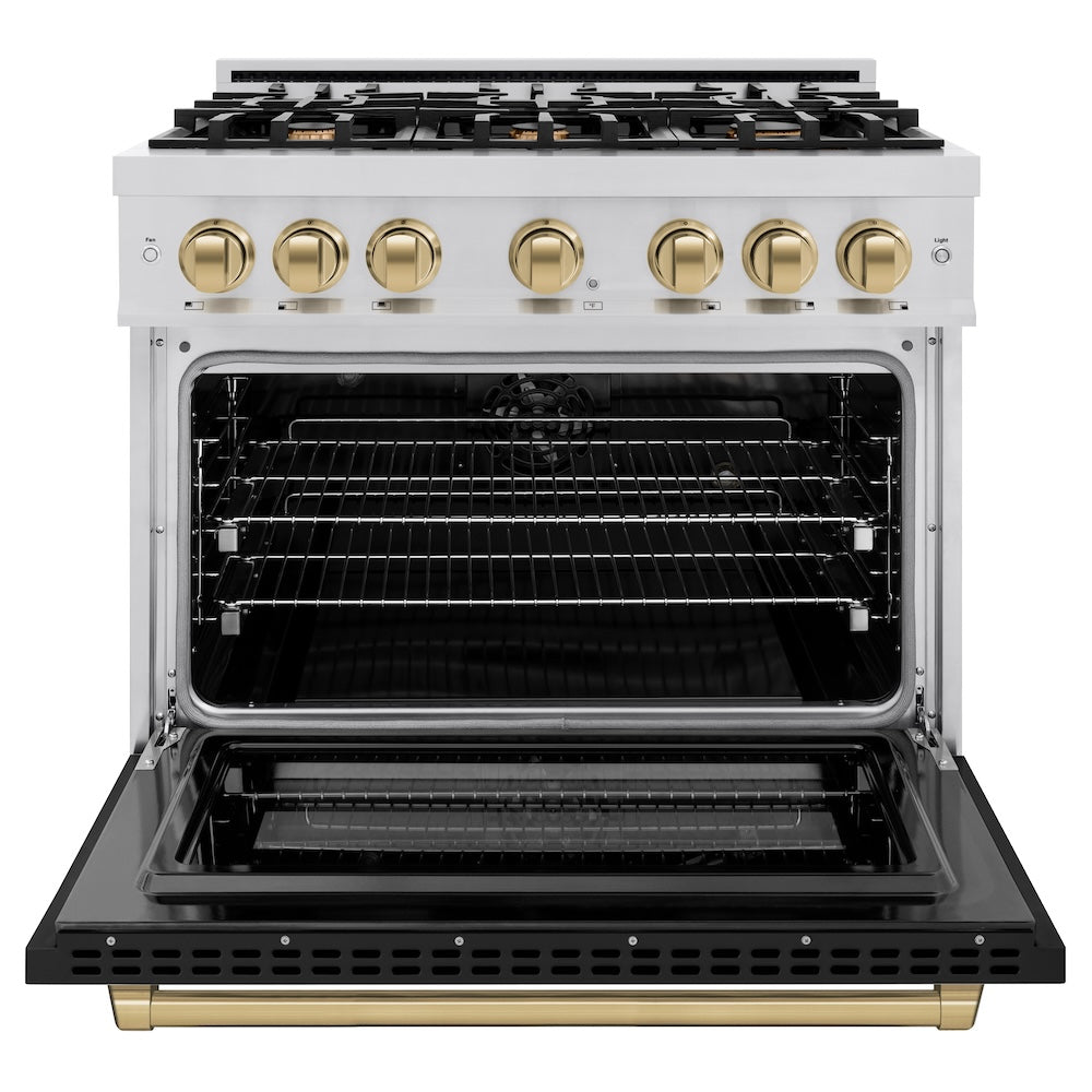 ZLINE Autograph 36" 5.2 cu. ft. Select Dual Fuel Range with 6 Burners in Stainless Steel with Black Matte Door and Champagne Bronze Accents, HDRZ-BLM-36-CB