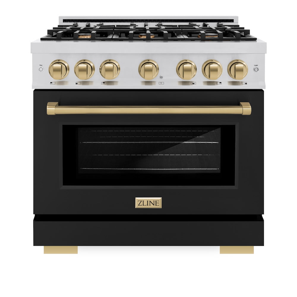 ZLINE Autograph 36" 5.2 cu. ft. Select Dual Fuel Range with 6 Burners in Stainless Steel with Black Matte Door and Champagne Bronze Accents, HDRZ-BLM-36-CB