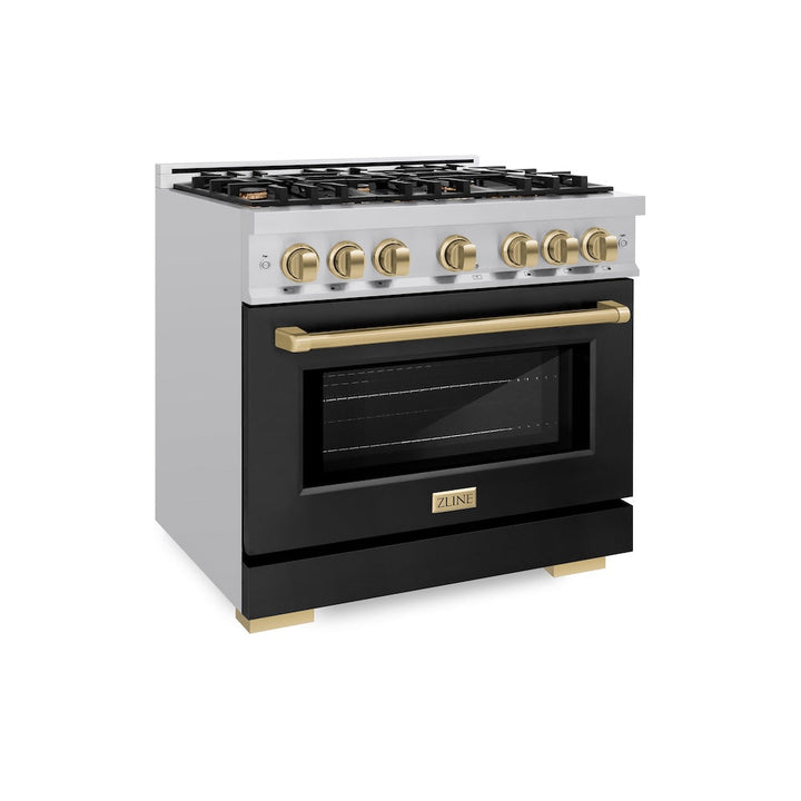 ZLINE Autograph 36" 5.2 cu. ft. Select Dual Fuel Range with 6 Burners in Stainless Steel with Black Matte Door and Champagne Bronze Accents, HDRZ-BLM-36-CB