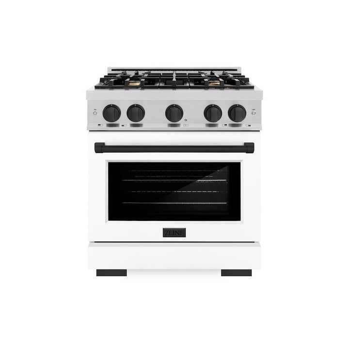 ZLINE Autograph 30" 4.2 cu. ft. Select Dual Fuel Range with 4 Burners in DuraSnow® Stainless Steel with White Matte Door and Matte Black Accents, HDRSZ-WM-30-MB