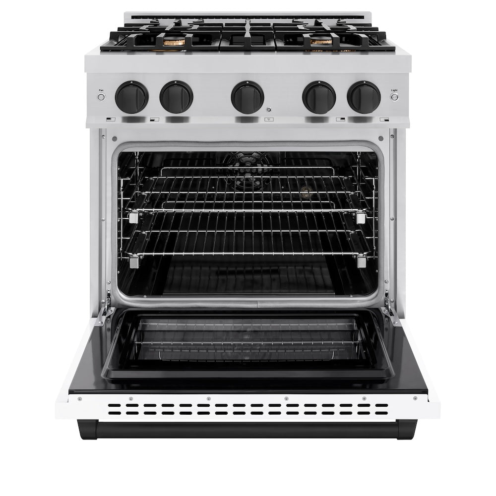 ZLINE Autograph 30" 4.2 cu. ft. Select Dual Fuel Range with 4 Burners in DuraSnow® Stainless Steel with White Matte Door and Matte Black Accents, HDRSZ-WM-30-MB