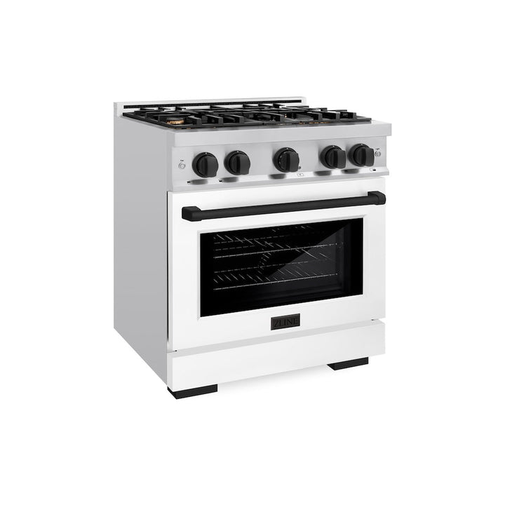 ZLINE Autograph 30" 4.2 cu. ft. Select Dual Fuel Range with 4 Burners in DuraSnow® Stainless Steel with White Matte Door and Matte Black Accents, HDRSZ-WM-30-MB