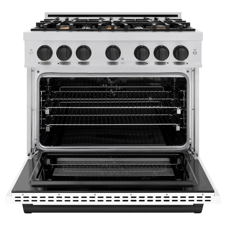 ZLINE Autograph 36" 5.2 cu. ft. Select Dual Fuel Range with 6 Burners in Stainless Steel with White Matte Door and Matte Black Accents, HDRZ-WM-36-MB