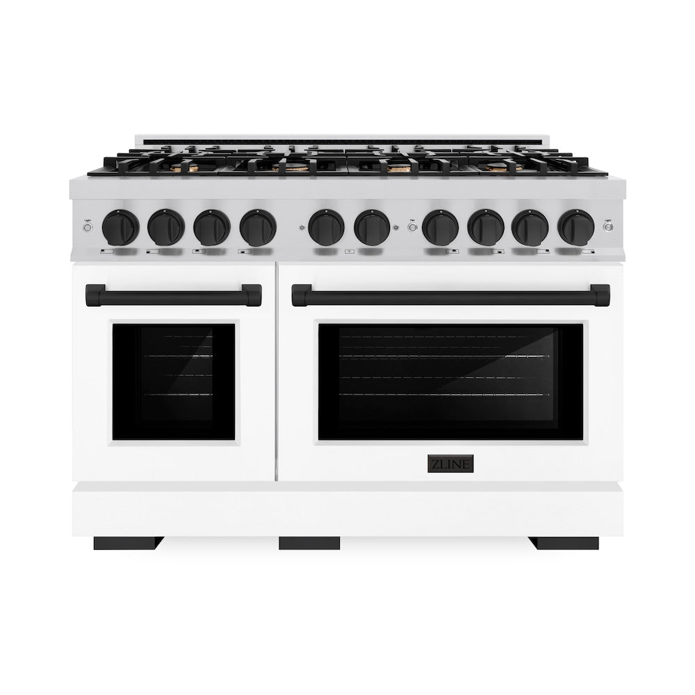 ZLINE Autograph 48" 6.7 cu. ft. Select Double Oven Dual Fuel Range with 8 Burners in Stainless Steel with White Matte Door and Matte Black Accents, HDRZ-WM-48-MB