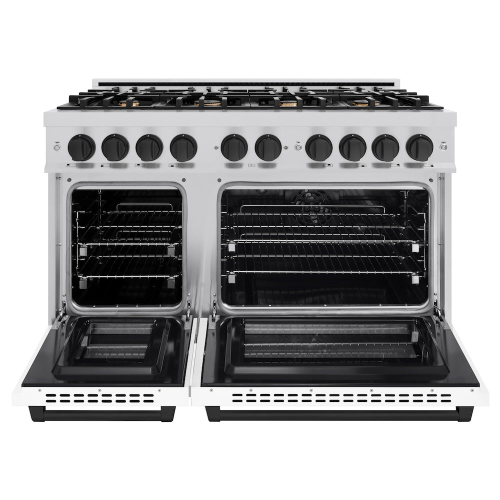 ZLINE Autograph 48" 6.7 cu. ft. Select Double Oven Dual Fuel Range with 8 Burners in Stainless Steel with White Matte Door and Matte Black Accents, HDRZ-WM-48-MB