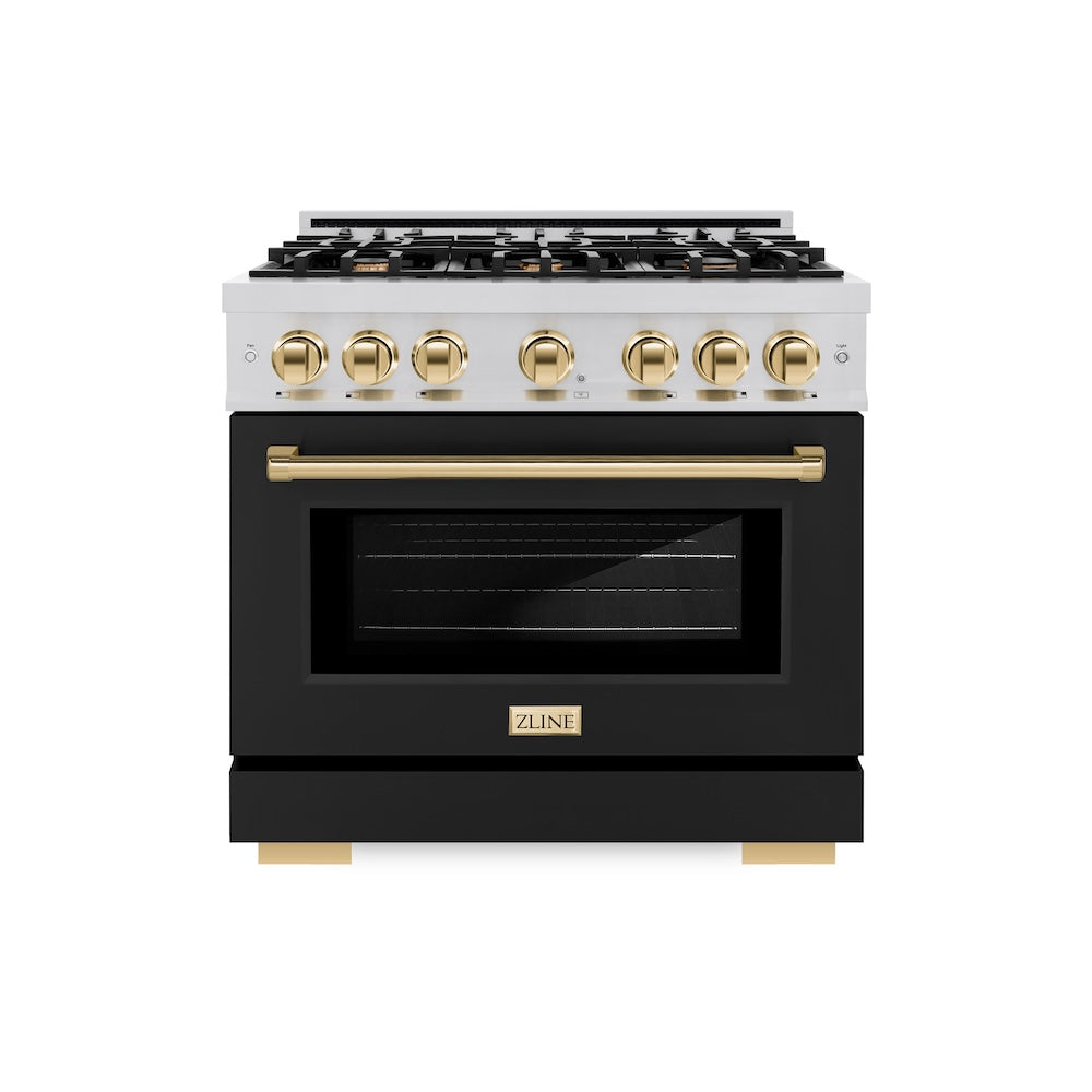 ZLINE Autograph 36" 5.2 cu. ft. Select Dual Fuel Range with 6 Burners in Stainless Steel with Black Matte Door and Polished Gold Accents, HDRZ-BLM-36-G