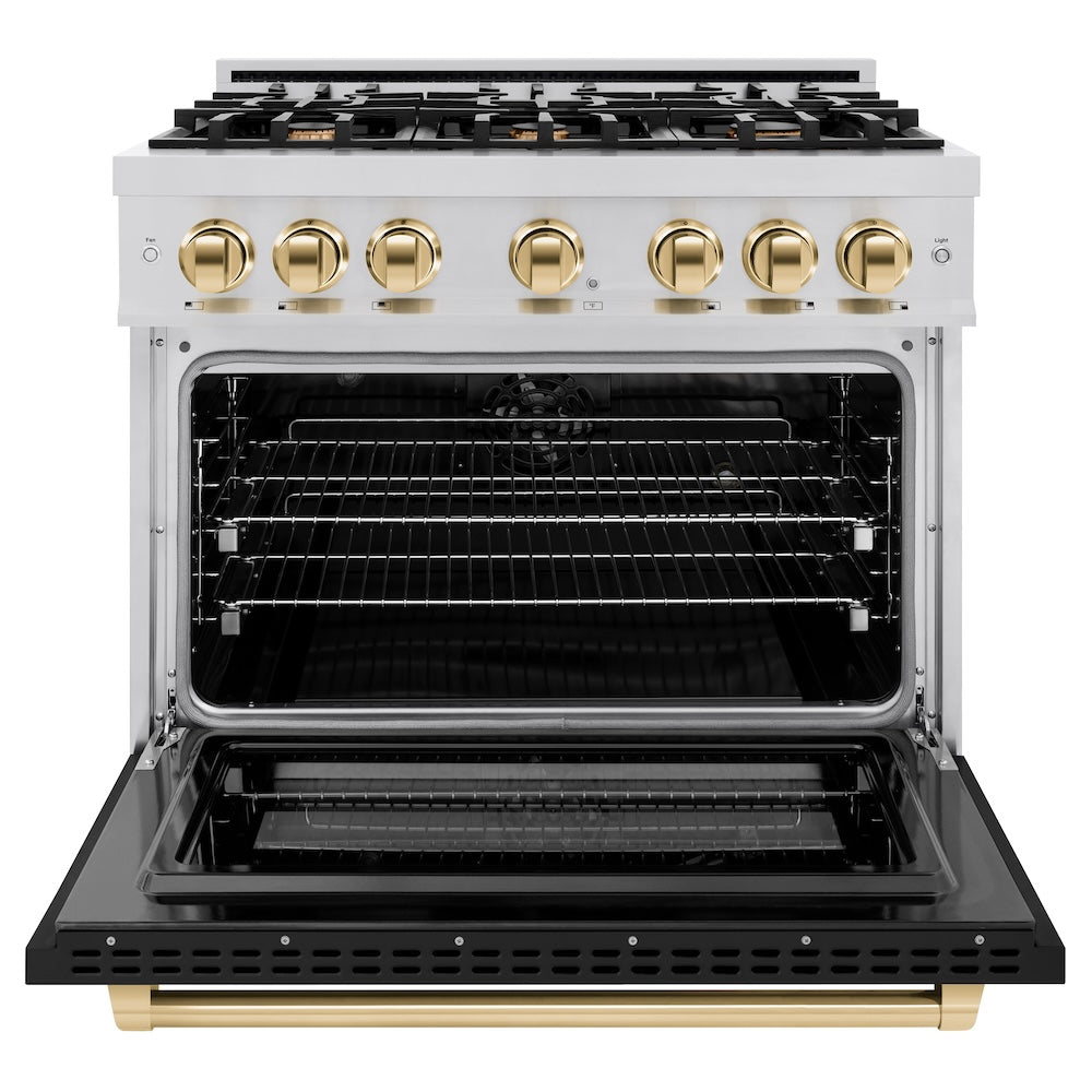 ZLINE Autograph 36" 5.2 cu. ft. Select Dual Fuel Range with 6 Burners in Stainless Steel with Black Matte Door and Polished Gold Accents, HDRZ-BLM-36-G