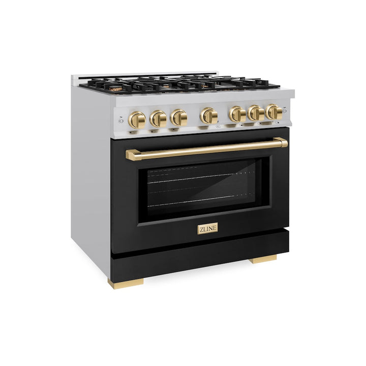 ZLINE Autograph 36" 5.2 cu. ft. Select Dual Fuel Range with 6 Burners in Stainless Steel with Black Matte Door and Polished Gold Accents, HDRZ-BLM-36-G