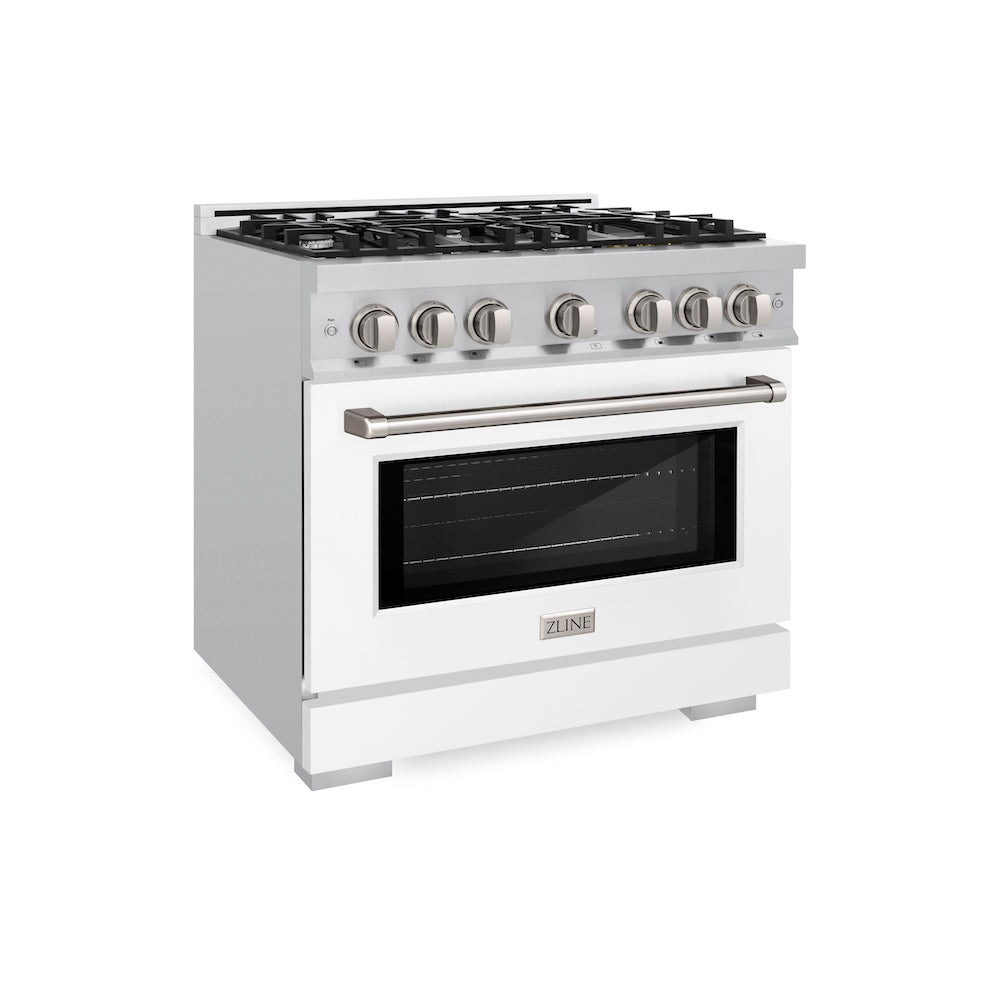ZLINE 36 in. 5.2 cu. ft. Select Dual Fuel Range with 6 Burner Gas Cooktop and Electric Convection Oven in Stainless Steel with White Matte Door, Open Box-Excellent Condition