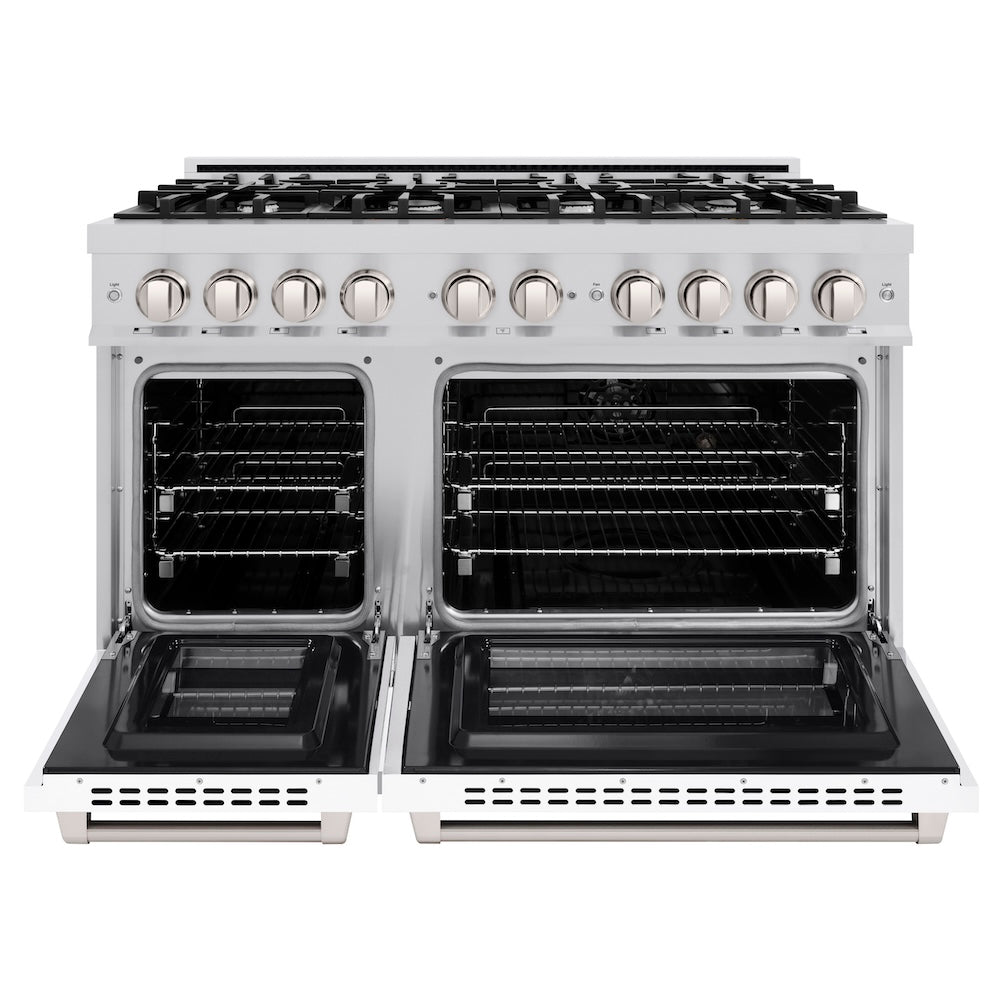 ZLINE 48 in. 6.7 cu. ft. Select Double Oven Dual Fuel Range with 8 Burner Gas Cooktop in Stainless Steel with White Matte Doors, Open Box-Excellent Condition