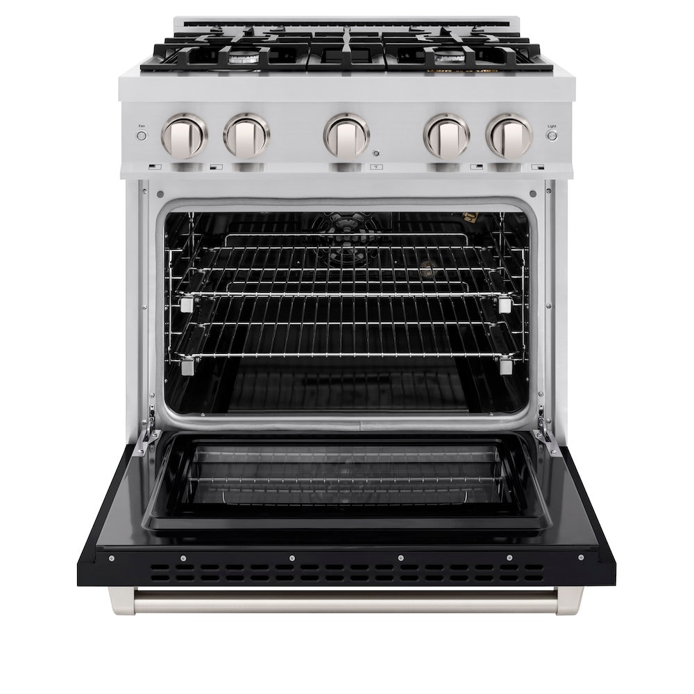 ZLINE 30 in. 4.2 cu. ft. Select Gas Range with 4 Burner Cooktop and Convection Gas Oven in Stainless Steel with Black Matte Door, Open Box-Excellent Condition