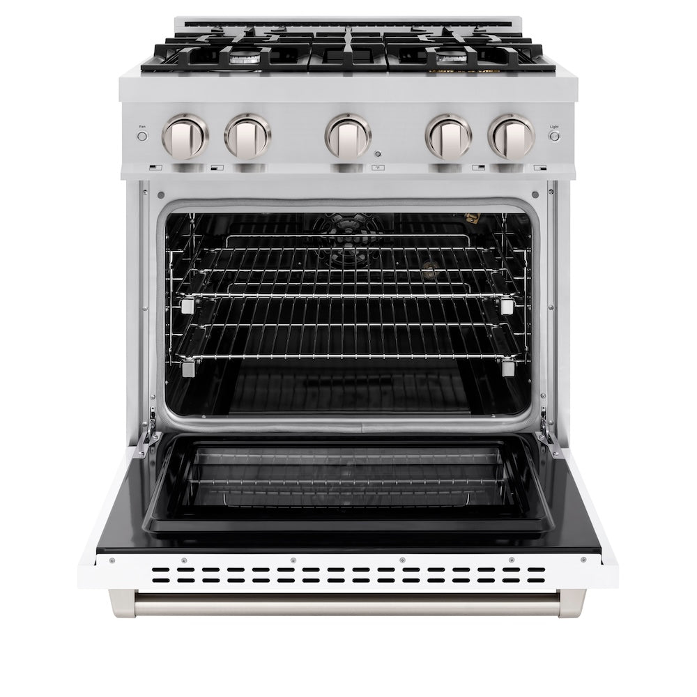 ZLINE 30 in. 4.2 cu. ft. Select Gas Range with 4 Burner Cooktop and Convection Gas Oven in Stainless Steel with White Matte Door, Open Box-Excellent Condition