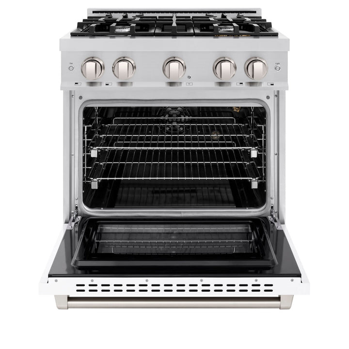 ZLINE 30 in. 4.2 cu. ft. Select Gas Range with 4 Burner Cooktop and Convection Gas Oven in Stainless Steel with White Matte Door, Open Box-Excellent Condition