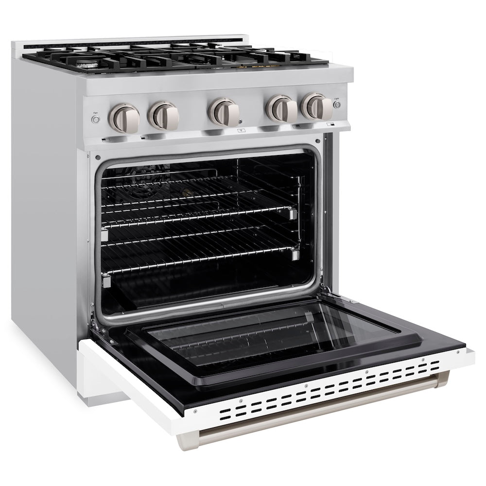 ZLINE 30 in. 4.2 cu. ft. Select Gas Range with 4 Burner Cooktop and Convection Gas Oven in Stainless Steel with White Matte Door, Open Box-Excellent Condition