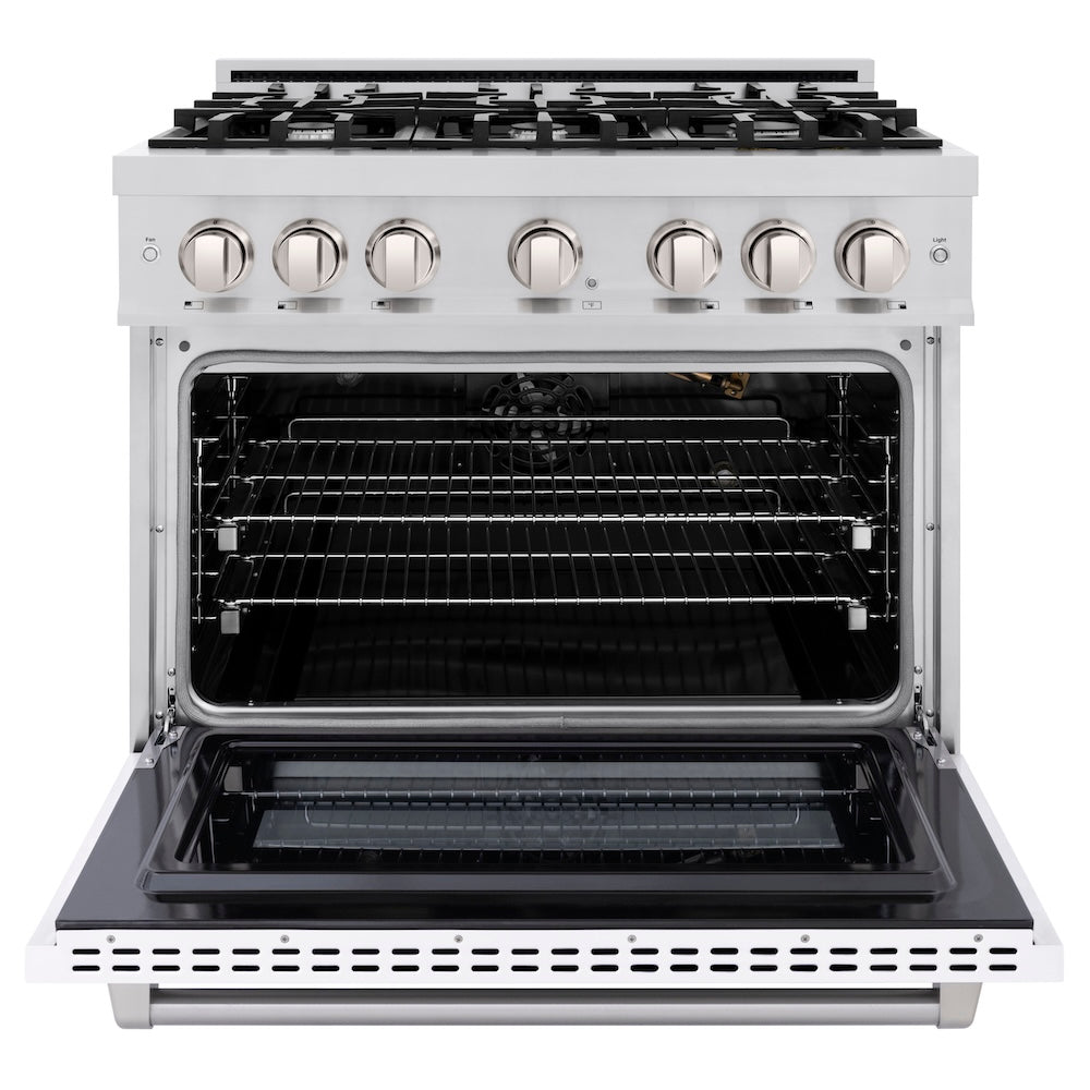 ZLINE 36 in. 5.2 cu. ft. Select Gas Range with 6 Burner Cooktop and Convection Gas Oven in Stainless Steel with White Matte Door, Open Box-Excellent Condition