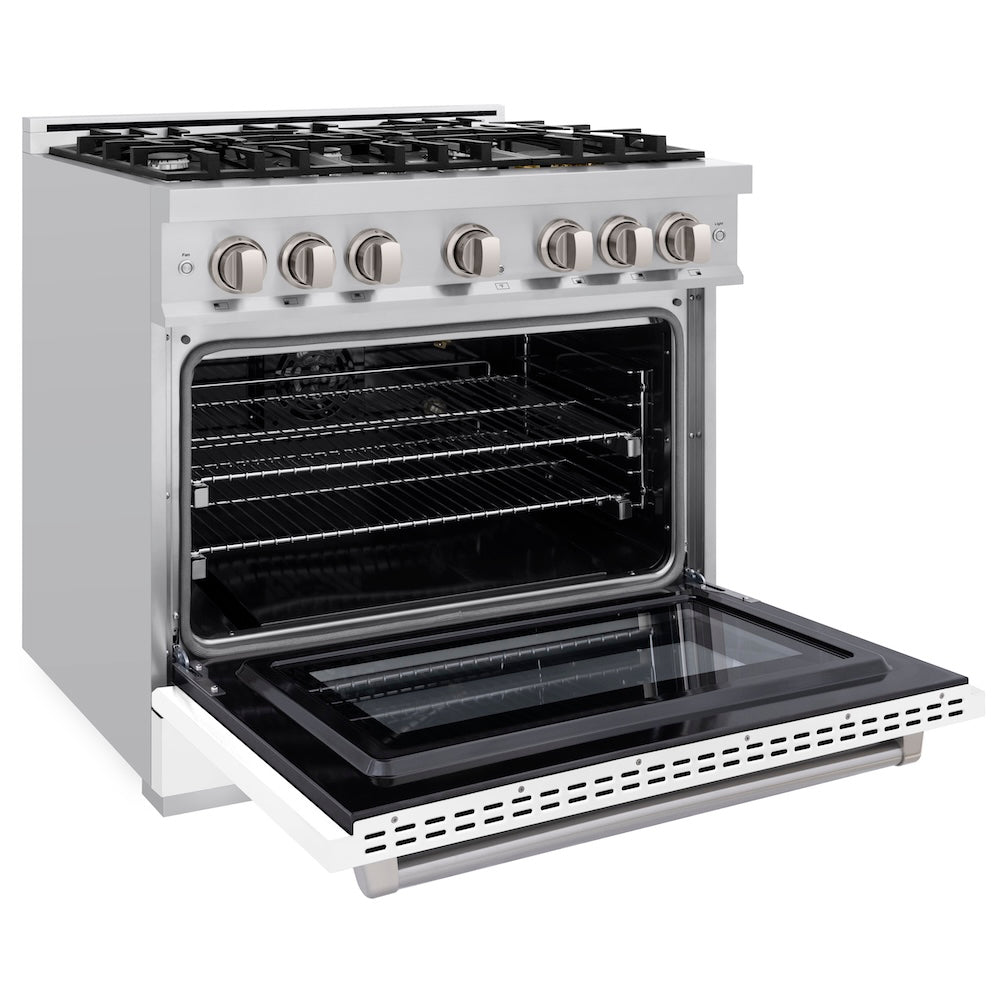 ZLINE 36 in. 5.2 cu. ft. Select Gas Range with 6 Burner Cooktop and Convection Gas Oven in Stainless Steel with White Matte Door, Open Box-Excellent Condition