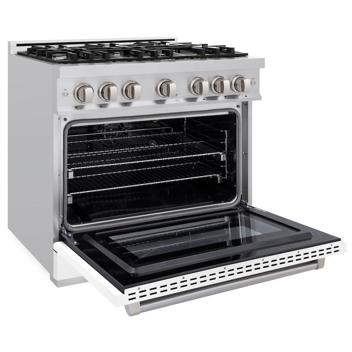 ZLINE 36 in. 5.2 cu. ft. Select Gas Range with 6 Burner Cooktop and Convection Gas Oven in Stainless Steel with White Matte Door, Open Box-Excellent Condition