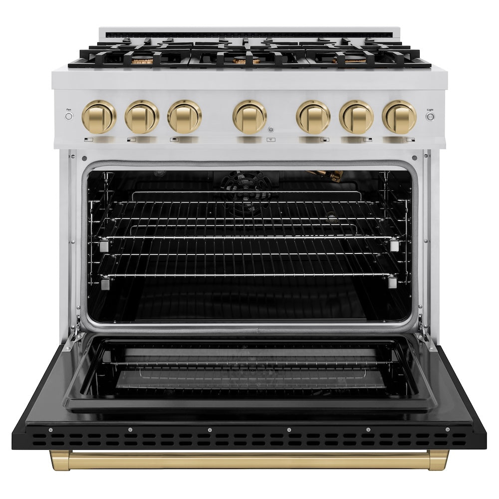 ZLINE Autograph 36" 5.2 cu. ft. Select Gas Range with 6 Burners in Stainless Steel with Black Matte Door and Champagne Bronze Accents, HGRZ-BLM-36-CB