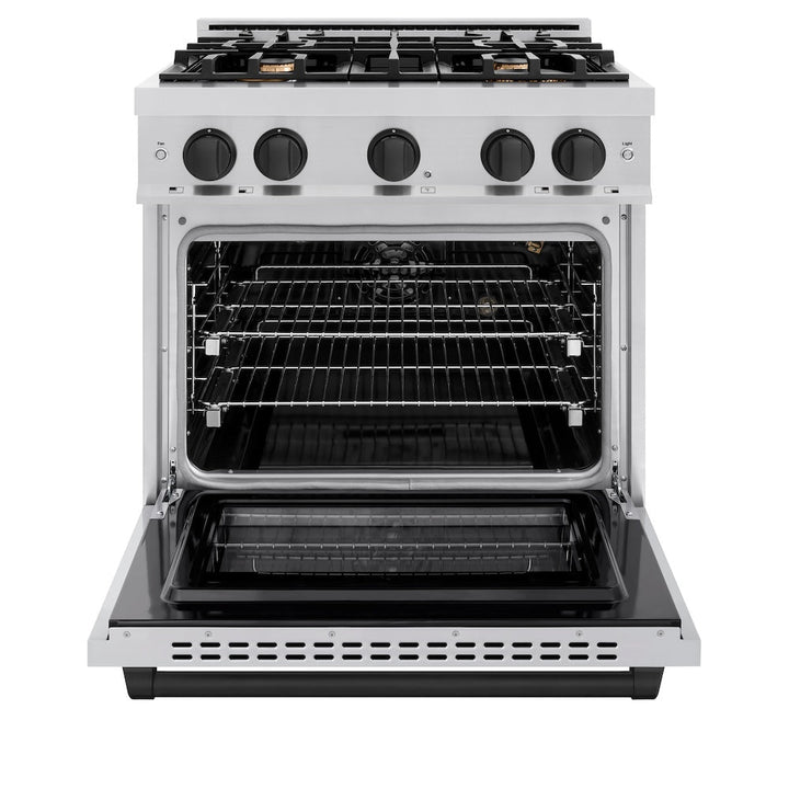 ZLINE Autograph 30" 4.2 cu. ft. Select Gas Range with 4 Burners in Stainless Steel and Matte Black Accents, HGRZ-30-MB