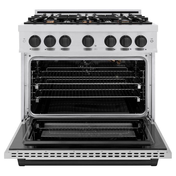 ZLINE Autograph 36" 5.2 cu. ft. Select Gas Range with 6 Burners in Stainless Steel and Matte Black Accents, HGRZ-36-MB