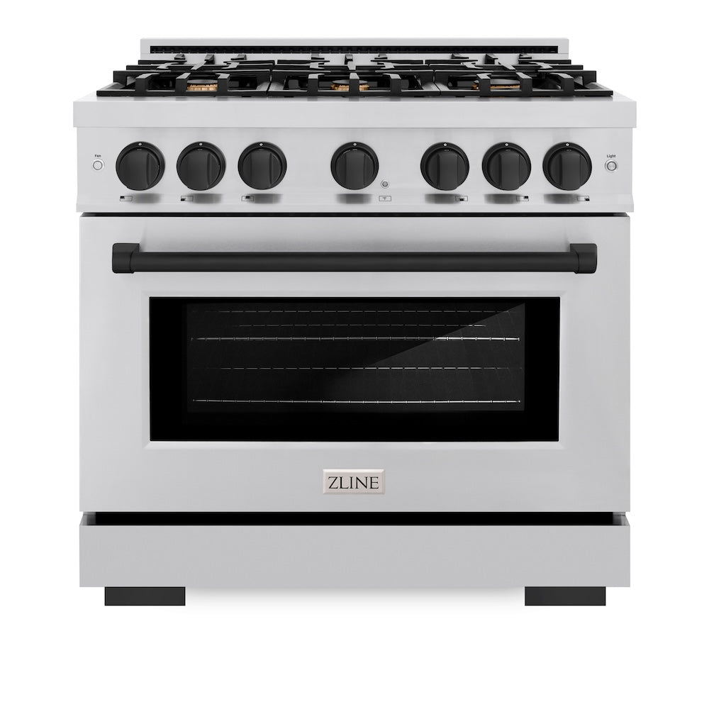 ZLINE Autograph 36" 5.2 cu. ft. Select Gas Range with 6 Burners in Stainless Steel and Matte Black Accents, HGRZ-36-MB