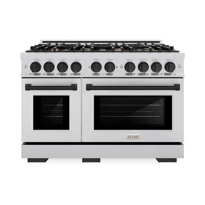 ZLINE Autograph 48" 6.7 cu. ft. Select Double Oven Gas Range with 8 Burners in Stainless Steel and Matte Black Accents, HGRZ-48-MB