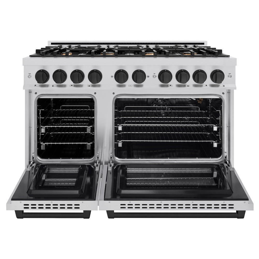 ZLINE Autograph 48" 6.7 cu. ft. Select Double Oven Gas Range with 8 Burners in Stainless Steel and Matte Black Accents, HGRZ-48-MB