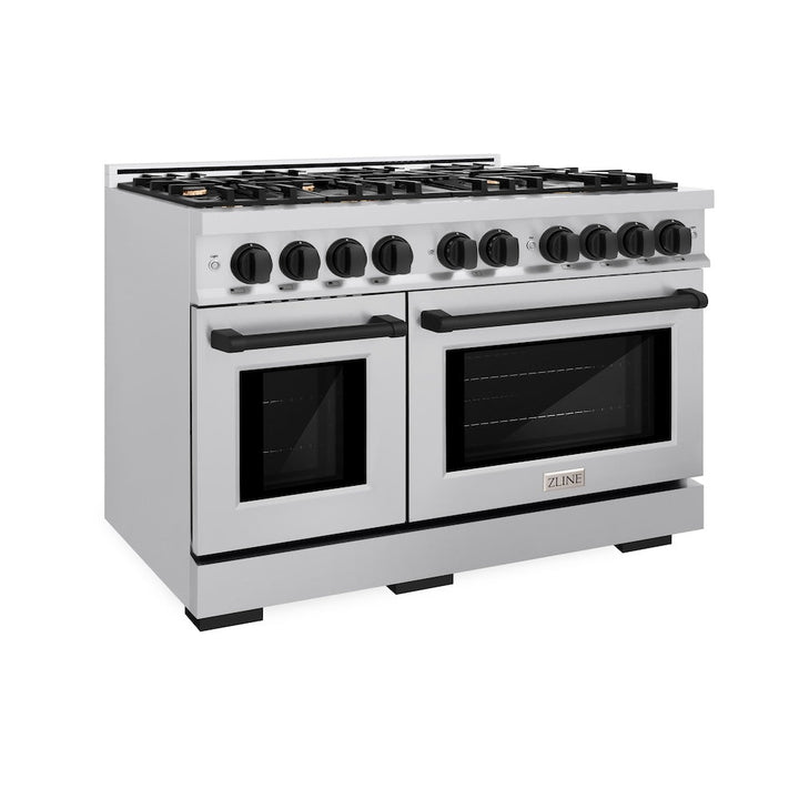 ZLINE Autograph 48" 6.7 cu. ft. Select Double Oven Gas Range with 8 Burners in Stainless Steel and Matte Black Accents, HGRZ-48-MB