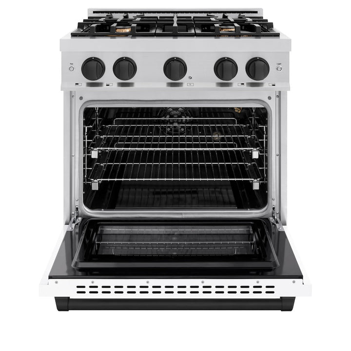 ZLINE Autograph 30" 4.2 cu. ft. Select Gas Range with 4 Burners in Stainless Steel with White Matte Door and Matte Black Accents, HGRZ-WM-30-MB