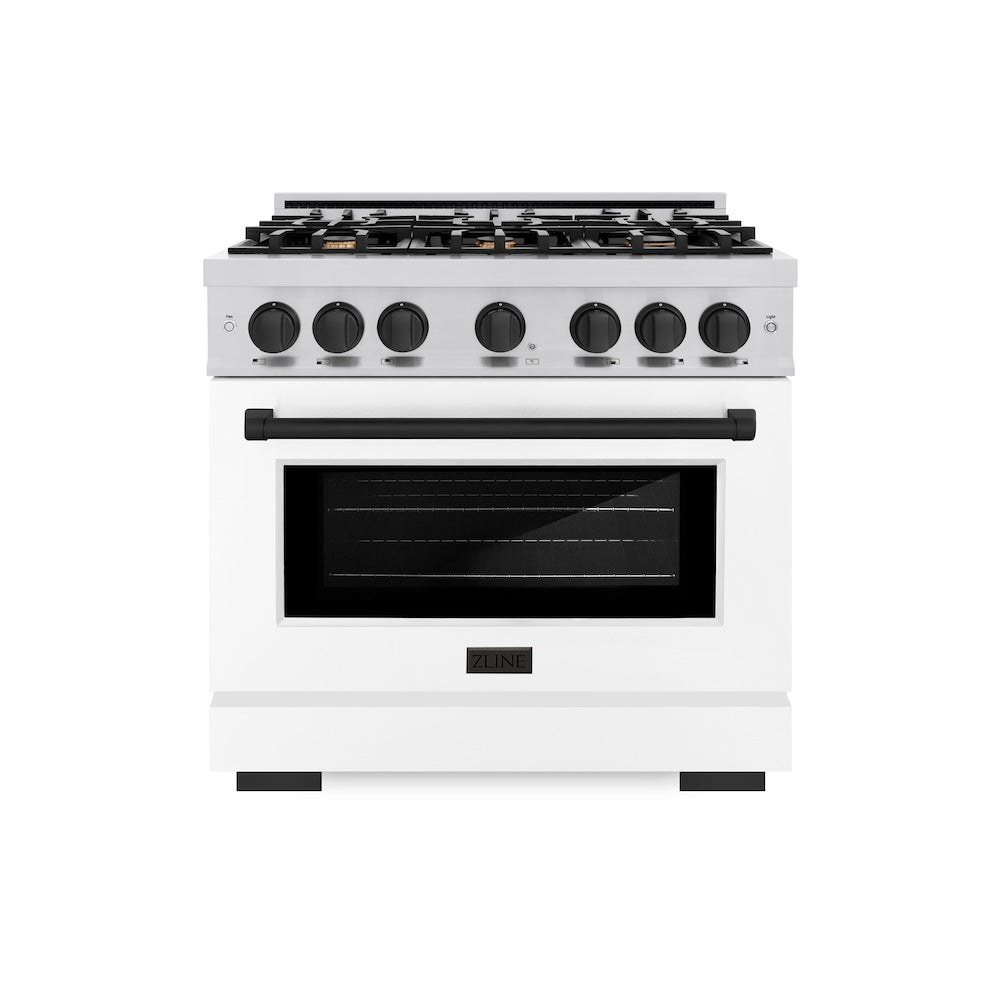 ZLINE Autograph 36" 5.2 cu. ft. Select Gas Range with 6 Burners in Stainless Steel with White Matte Door and Matte Black Accents, HGRZ-WM-36-MB