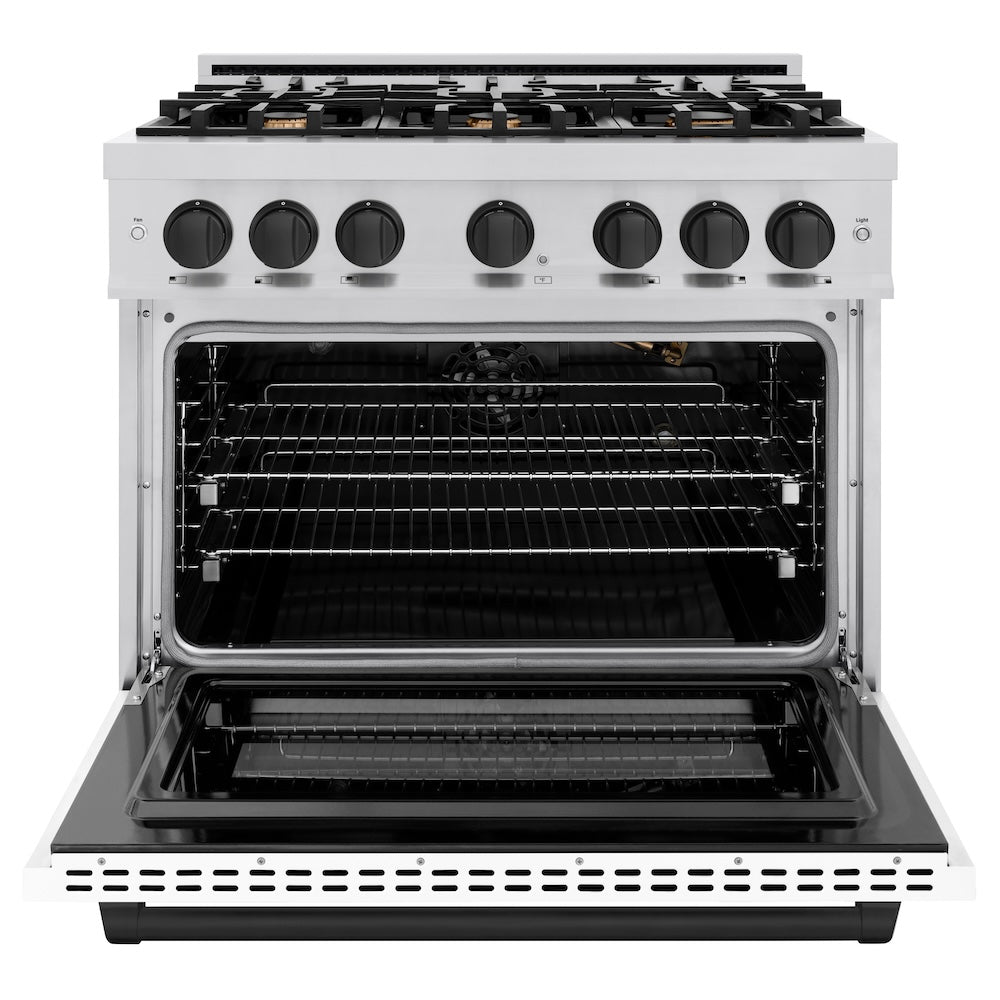 ZLINE Autograph 36" 5.2 cu. ft. Select Gas Range with 6 Burners in Stainless Steel with White Matte Door and Matte Black Accents, HGRZ-WM-36-MB