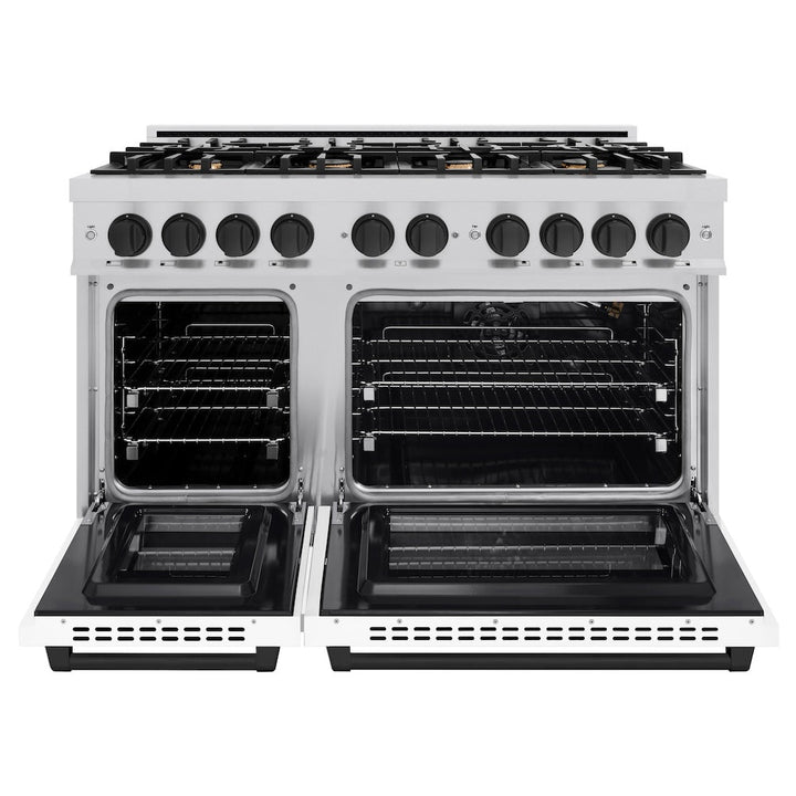 ZLINE Autograph 48" 6.7 cu. ft. Select Double Oven Gas Range with 8 Burners in Stainless Steel with White Matte Doors and Matte Black Accents, HGRZ-WM-48-MB