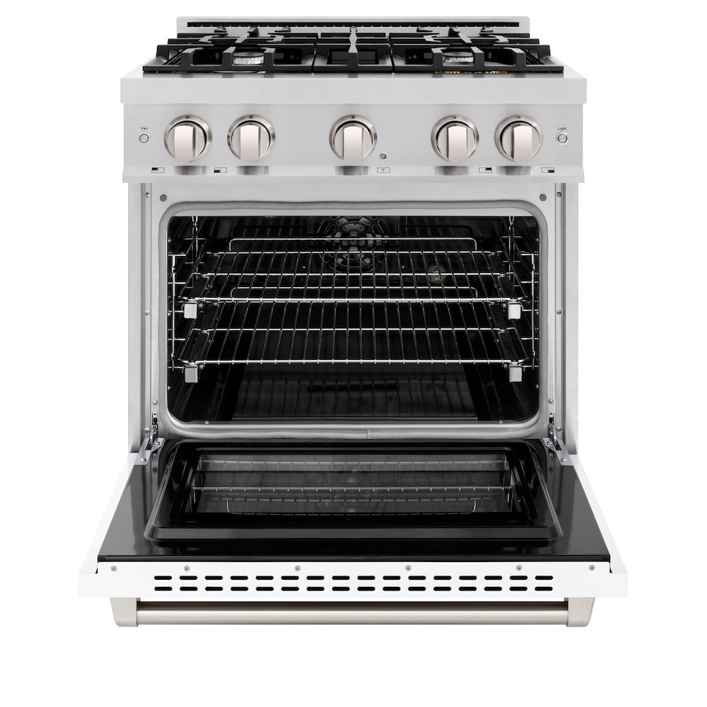 ZLINE 30 in. 4.2 cu. ft. Select Dual Fuel Range with 4 Burner Gas Cooktop and Electric Convection Oven in Satin Stainless Steel with White Matte Door, Open Box-Excellent Condition